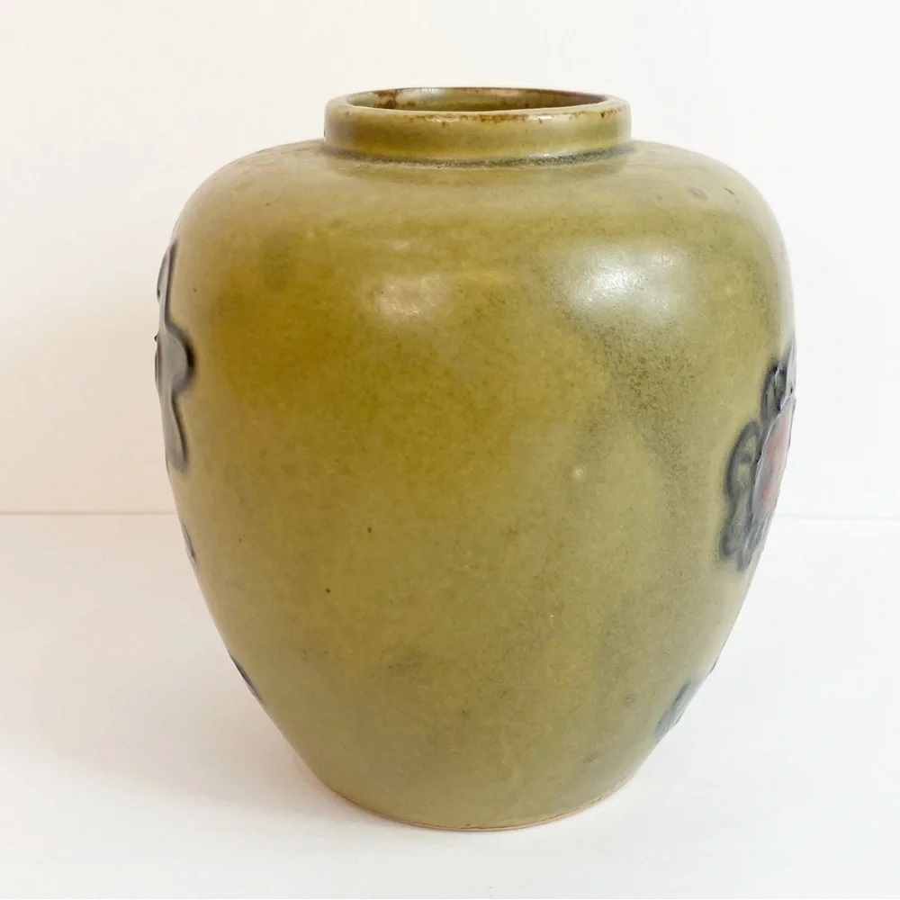 Vintage 70s Vibe Hand Painted Flowers Tan Pottery Vase